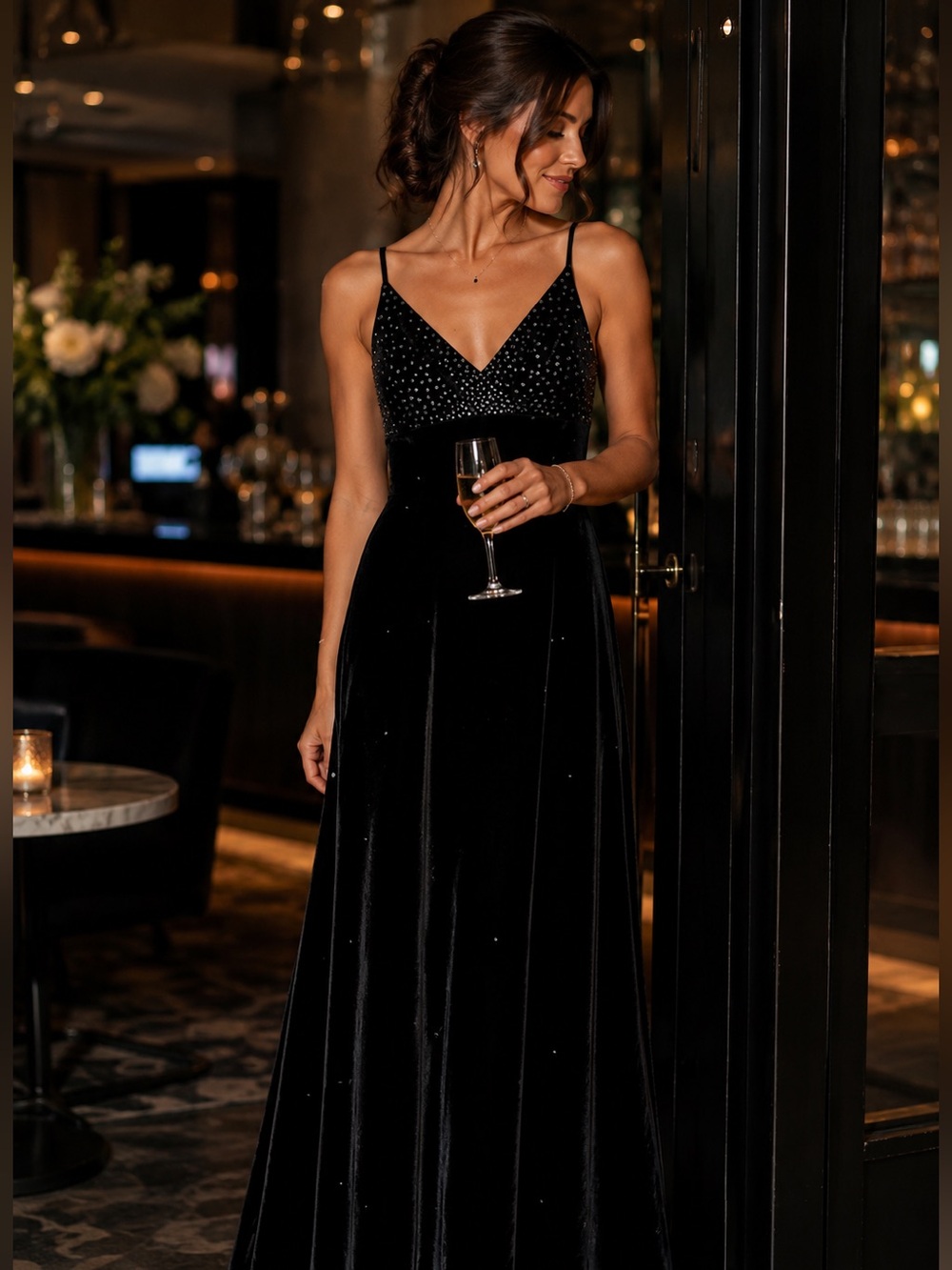 Alexia Admor Black Velvet Rhinestone Evening Gown | Formal Dress